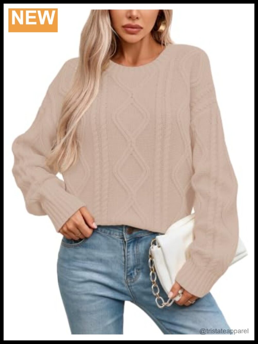 Oversized Chunky Cable Knit Crewneck Long Sleeve Pullover Sweater